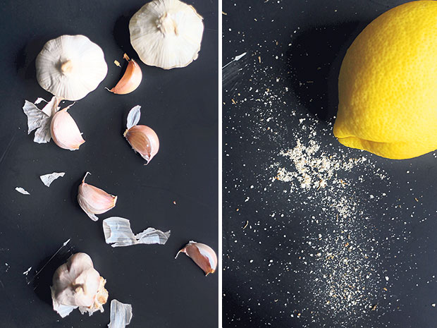 Do not be afraid of using garlic — the roasting process transforms their pungency into a caramelised sweetness (left). There is nothing like fresh lemon zest to give the dish a zing! (right)