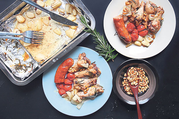 Bangers ‘n’ Drums — roasted pork sausages (“bangers”) and chicken drummets (“drums”)