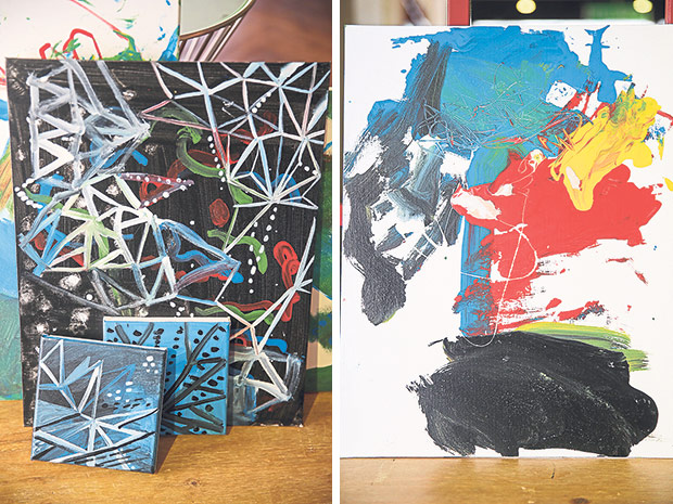 Guidance from Sembilan Art Residency’s volunteer artists means Branden and Jaden get to learn different styles of art (left). The two brothers have a great sense of using colours in their artwork (right).