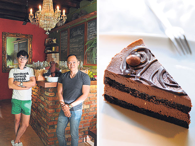 Sunny Chang and Marcus Tan (right) opened Moody Cow to enjoy a quiet retirement (left). Rum in your cheesecake...this is D’Rum, a concoction of chocolate and rum infused cheesecake for rum lovers (right).