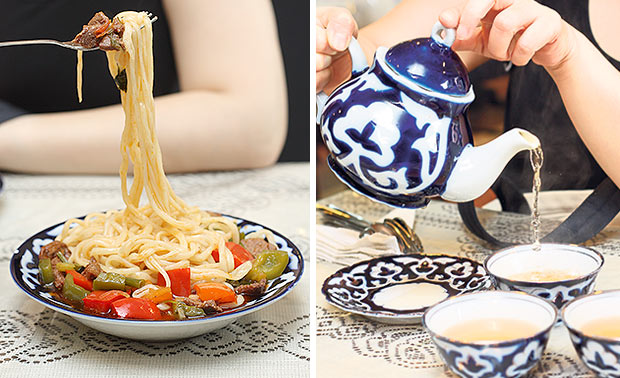 Their lagman is superb with handpulled noodles that boast an elastic texture and a tasty broth made with tender beef slices, tomatoes, celery and capsicums (left). Order a pot of Uzbek black tea or green tea to share (right).