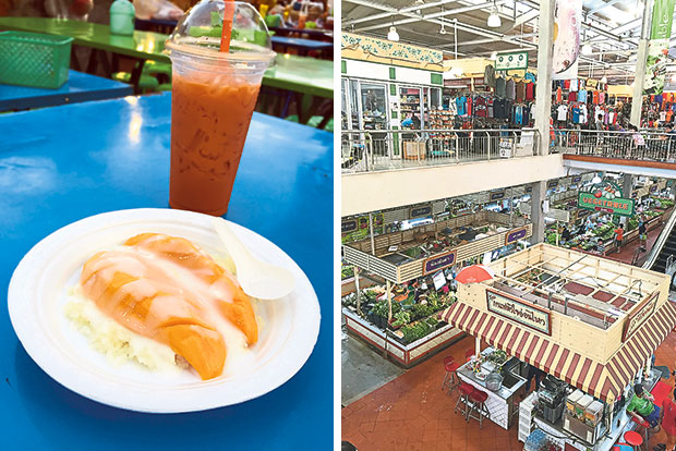 Another must-have when in Thailand, the sweet mango sticky glutinous rice which is available at the night market along with their famous iced tea (left). The Banzaan Market complex has two levels, the ground floor where the fresh vegetables and seafood are sold and the first floor where the food court and a section selling clothes and souvenirs are located (right).