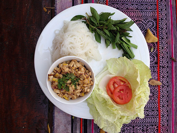 A hearty meal of minced tofu, rice noodles and Thai basil at Chai Lai’s Riverside Cafe.