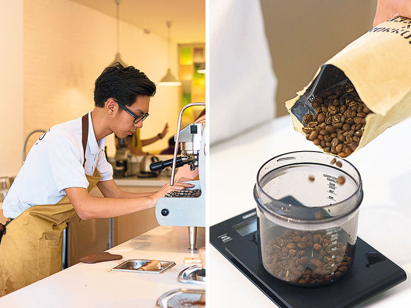 Yee’s youngest brother JQ is a barista champion in training (left). Weighing the coffee beans before brewing (right).