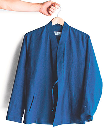 Consider the Japanese-style Noragi in navy blue linen paired with a T-shirt for a more tailored yet relaxed look