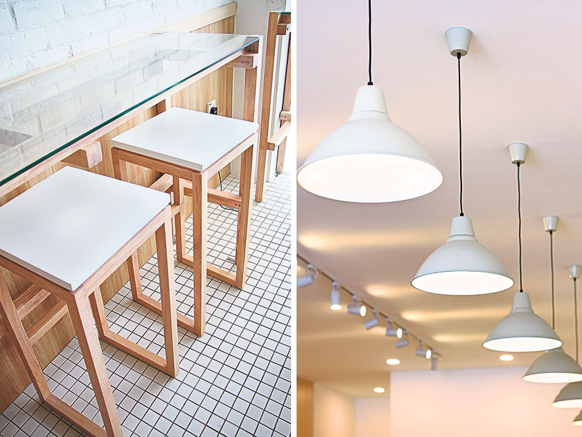 Custom-made chairs by Japan-based designer Jeff Ong (left). There is plenty of natural sunlight in Atlas Coffee Embassy… and extra lighting after the sun sets! (right)