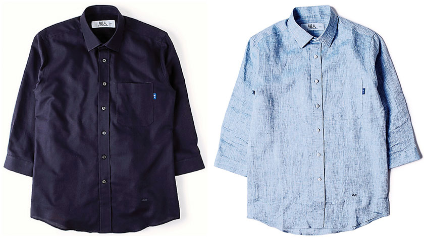 You can also custom-make your shirts to your needs, like this one made with crisp black premium linen with a semi-spread collar, 3/4 sleeves and black mother-of-pearl buttons (left). Serious thin stripes are balanced out this light blue linen shirt with 3/4 sleeves (right)