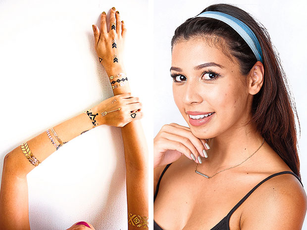 Look fabulous on the beach with Golden Mark Inc. jewellery-inspired temporary gold and silver tattoos (left). Keep your hair in place while working out with the colourful and fashionable headbands by Katie Craft Shack (right).