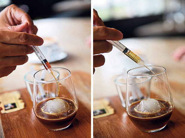 Step 3: Wild honey gives the drink a pleasant sweetness (left). Step 4:  An Earl Grey tea syrup infusion lends a subtle bitterness to the drink