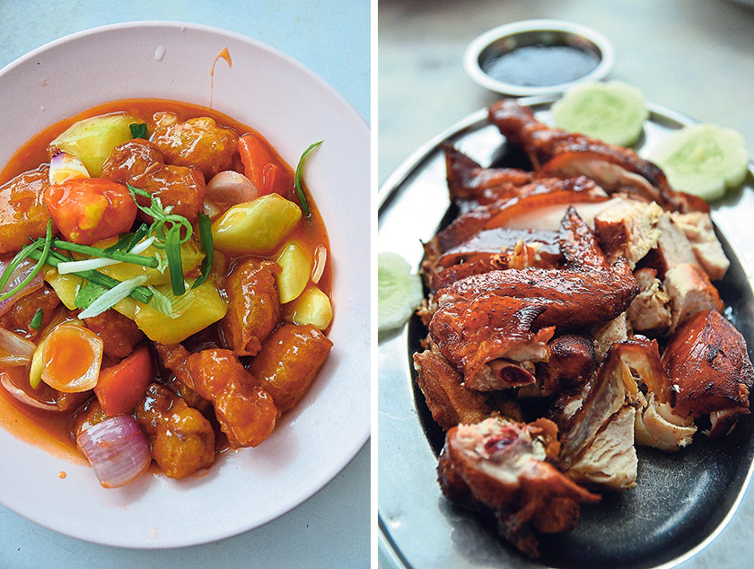 The best sweet and sour pork in Ipoh to me happens to be served at Wong Koh Kee; the extra crunchy batter brought back sweet memories of my first bite at least two decades back (left). Pei pa chicken rubbed with salt and served with a sweet hoi sin sauce is one of their trademark dishes; served piping hot from the wok — the skin was paper thin and crispy (right)