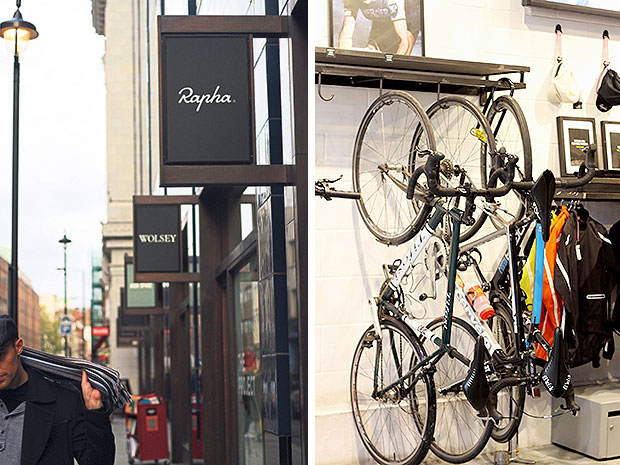 Rapha Cycle Club is a concept store pairing a cycling clothing shop and a café (left). At Rapha Cycle Club, in addition to bicycles, wind jackets and bib shorts, there is coffee too! (right).