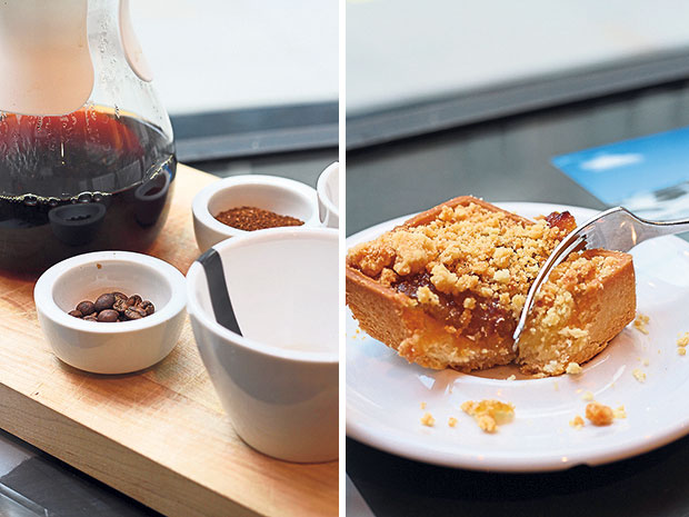 A nutty single origin Burundi filter brew at Rapha Cycle Club (left). Feeling peckish? Try Rapha Cycle Club’s apple crumble tart (right).