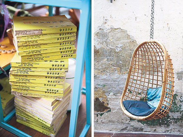 Volumes of vintage acupuncture manuals (left). Sit back and relax (right).