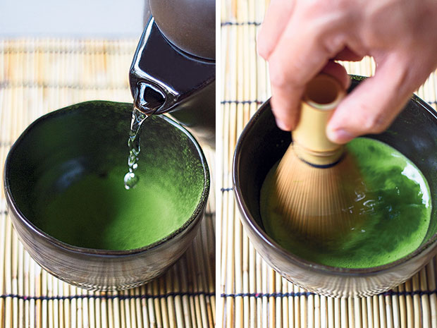 Adding hot water (filtered and brought to boil at least once) to the sifted matcha powder (left). Whisking the matcha brew with a chasen tea whisk (right).