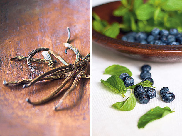 Vanilla beans add a delicate, floral, and almost spicy fragrance to the panna cotta (left). Blueberries are high in antioxidants and good for improving memory (right).