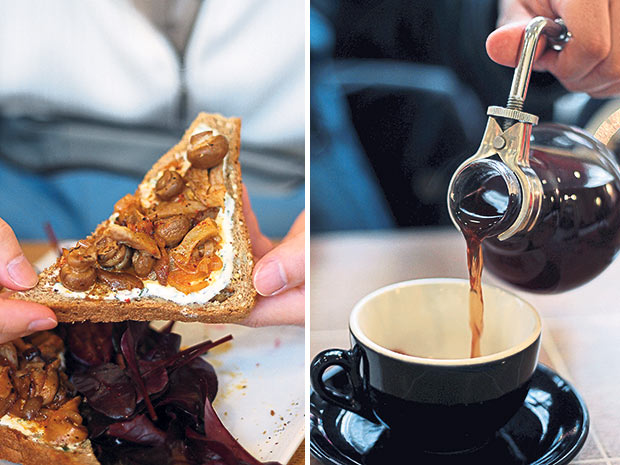 Try the organic brunch fare at Coutume such as this paprika mushroom and cream on rye bread (left). At Coutume, you get to pour your own siphon brew (right).