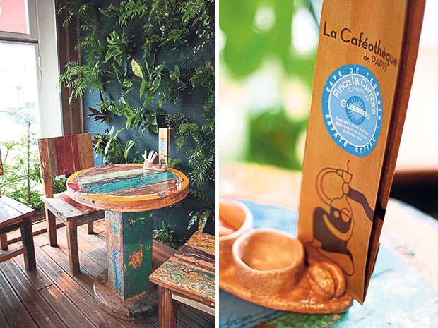 The jungle room of La Caféothèque de Paris is a leafy sanctuary that recalls the rainforests of Montenegro’s original country (left). Finca la Cumbre, a single origin bean from Guatemala, the homeland of Gloria Montenegro, the founder of La Caféothèque de Paris (right).