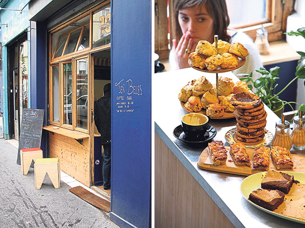 The bright blue exterior of Ten Belles sets it apart from the other cafés along the banks of Canal Saint-Martin (left). Hot scones, cookies and brownies from the oven at Ten Belles (right).