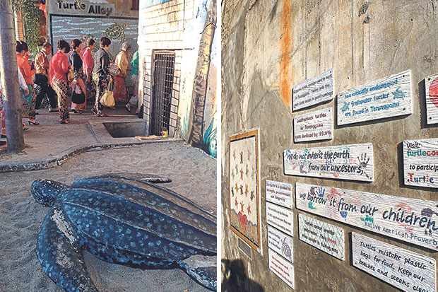 An entire lane is dedicated to Terengganu’s beloved mascot (left). Reminders about the importance of Nature conservation at Turtle Alley (right).