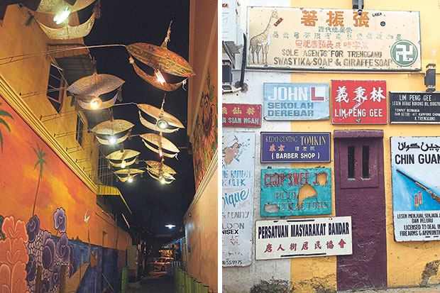 Traditional kites take to the sky at Lorong Haji Awang Besar (left). A retro vibe prevails at this laneway that’s outfitted in vintage shop signs (right).