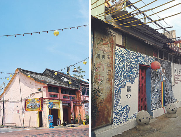 Most of the buildings here are believed to be at least 100 years old (left). A Chinese-style mural catches the eye at the end of the retro-themed lane (right).