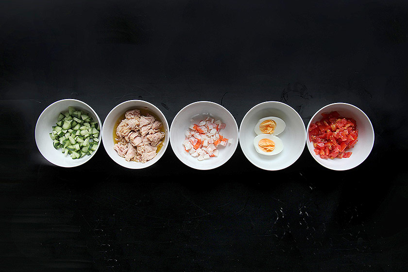 Almost all the colours of the rainbow (left to right): Japanese cucumber, tuna chunks, crab sticks, hard-boiled egg, and cherry tomatoes