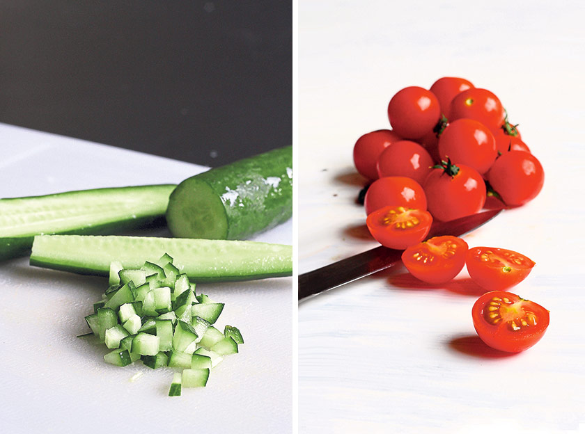 Diced Japanese cucumbers offer crunch and a refreshing bite (left). Fresh cherry tomatoes only need to be halved to offer up their delicious juices (right)