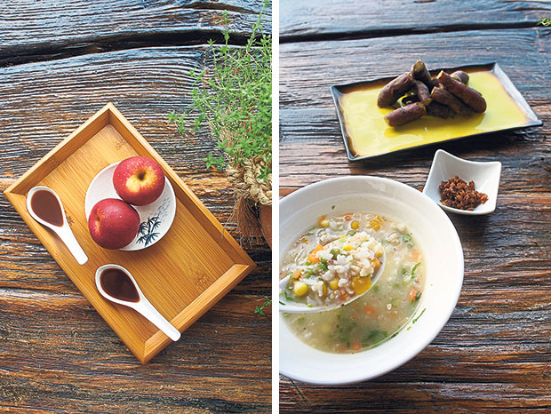 Breakfast begins with organic apples and a serving of their homemade ginger enzyme (left). Brown rice porridge and sweet potatoes to start the day (right).