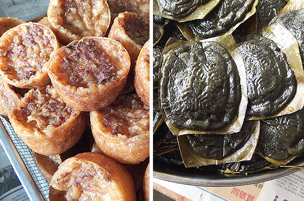These deep fried Hakka snacks from Soong Seng are yummy with a golden crispy bite and the savoury yambean filling (left). These plain kuih is a Hakka tradition where the dark colour is due to the use of ramie leaf (right).
