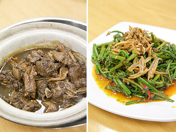 The puppy duck dish uses the same herbs that was once used to cook dog meat around the village (left). An unusual dish, paku pakis with curry powder and topped with fried ikan bilis (right).