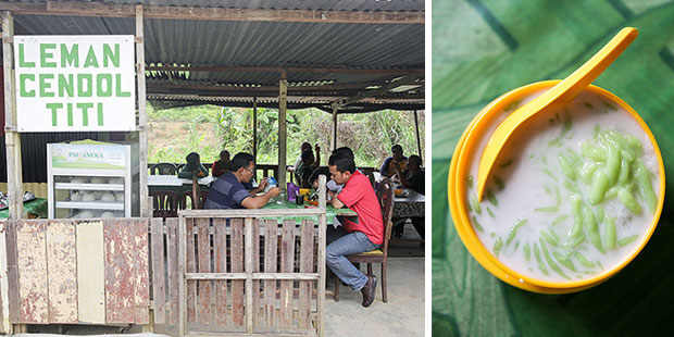 Patrons enjoying their bowl of cendol or teatime snacks at Leman Cendol (left). During the weekdays, drop by for this bowl of homemade cendol sweetened with fragrant gula nipah at Leman Cendol (right).