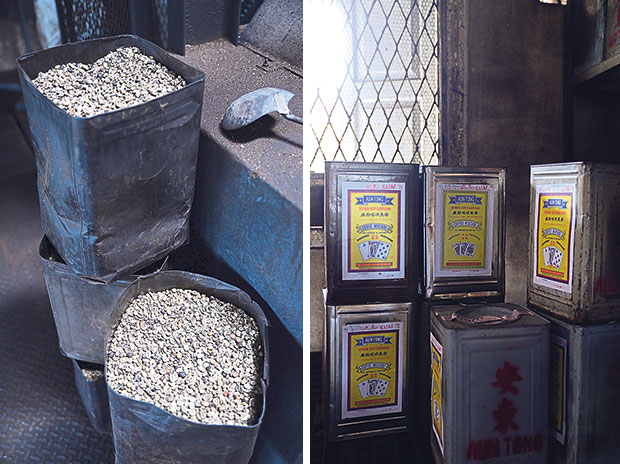 The coffee beans at the side of the wood fire roaster at Aun Tong Coffee mill (left). The coffee powder, often used to make kopi-o in coffee shops, are then packed into these tins and delivered to local coffee shops (right).