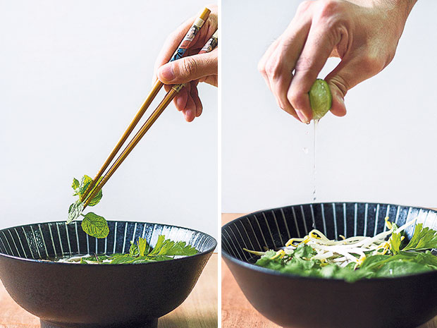 Mint leaves add a freshness to the bowl (left). A generous squeeze of lime for much needed acidity to balance the savoury and spice notes (right).