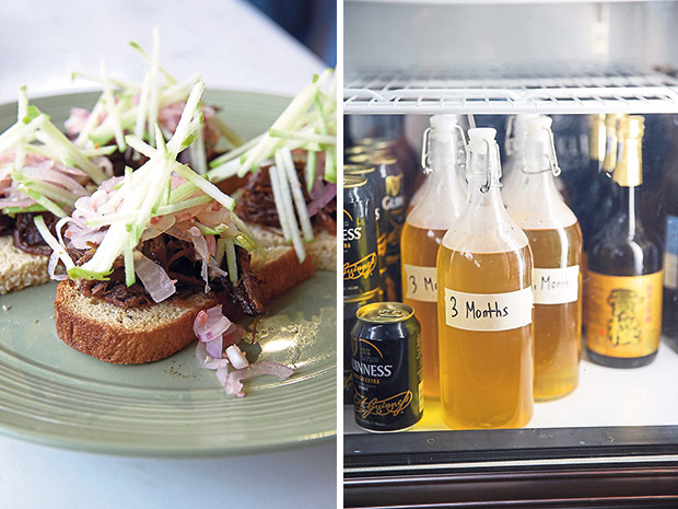 Nibble on pulled beef sliders as you catch up with friends (left). Look for the precious stash of home brewed tuak (right).