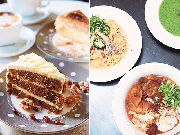 Rich and not overly sweet carrot cream cheese cake (left). Spaghetti (left), broccoli soup and Jawa mee (bottom) (right).