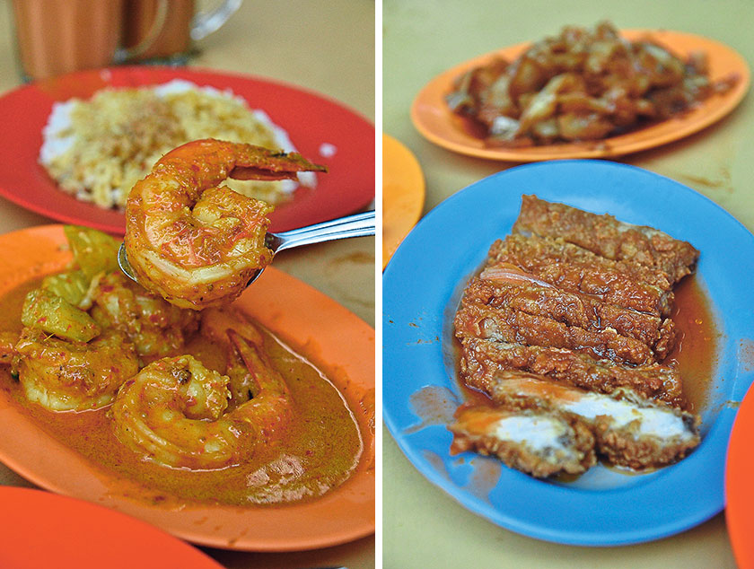 The large sea water prawns cooked in a sweetish curry were really impressive, I wished I had space for seconds! (left). One of the must try dishes at any Hainanese curry rice stall is the pork chop or the cream cracker crumbs-coated deep fried pork cutlet similar to the Japanese tonkatsu (right)