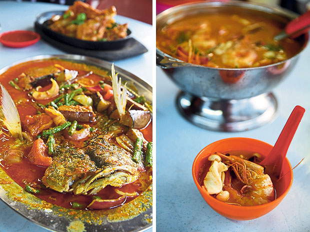 It may not look pretty but the assam fish has a nice balance to its flavours with a tangy taste (left). Meng Kee Restaurant’s tom yum is made sweeter with the use of fresh prawns (right).