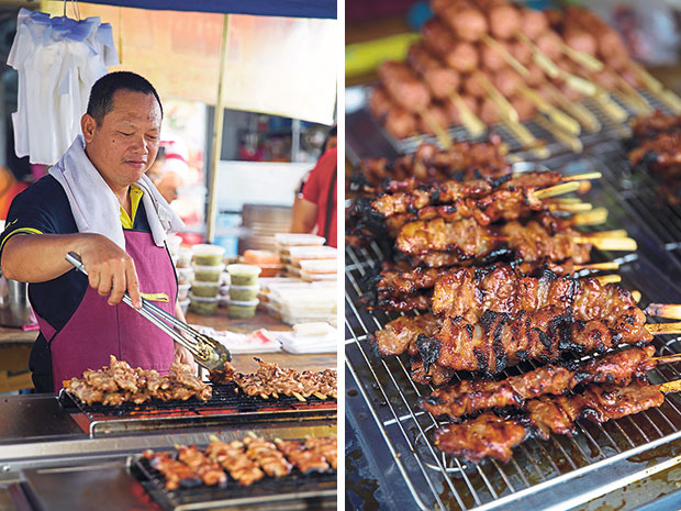 Malaccan Leong Kai Sang who runs the stall outside Restaurant Gasing started to serve Moo Ping last year  with great success (left). It’s hard to resist the smell of Moo Ping or pork skewers fresh from the hot grill (right).