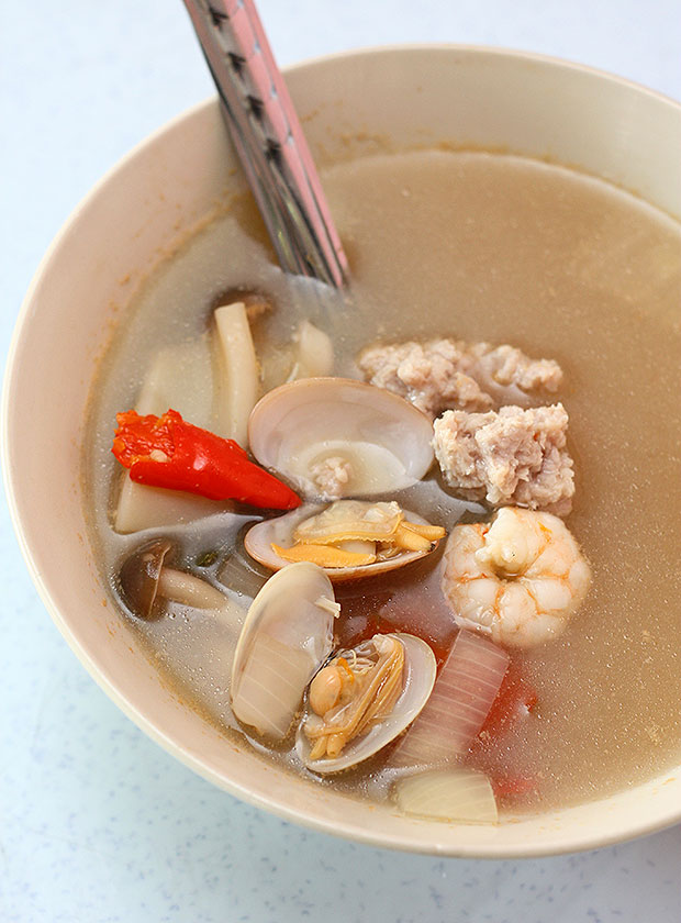 White Tom Yam soup is paired with rice and has a tangy appetising taste.