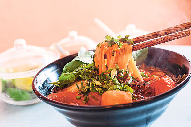 The bún riệu, a sour red noodle and crab soup.