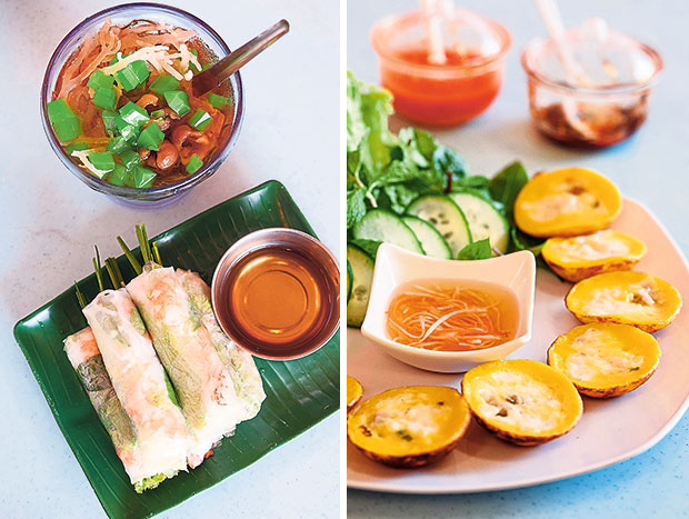 Gỏi cuốn or Vietnamese spring roll served with the sour fish sauce. Next to it is sam bộ lương, a sweet dessert drink with mixed barley, jelly and seaweed (left). Bánh khốt (right).