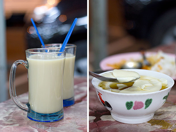 Hot soy milk spiced with heady ginger syrup made from real ginger (left). The tau foo fa (soy curd) at the pasar borong food court comes with toppings and syrups such as sesame cream, corn, lemon, jelly, lychee, and even wheatgrass! (right).