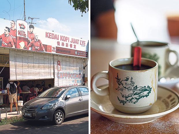 Kedai Kopi Juat Lye is hidden in a quiet part of Taman Peringgit Jaya, which is why it’s only frequented by locals in the know (left). Kopi O kaw at Juat Lye, a heavy brew of black local coffee (right).