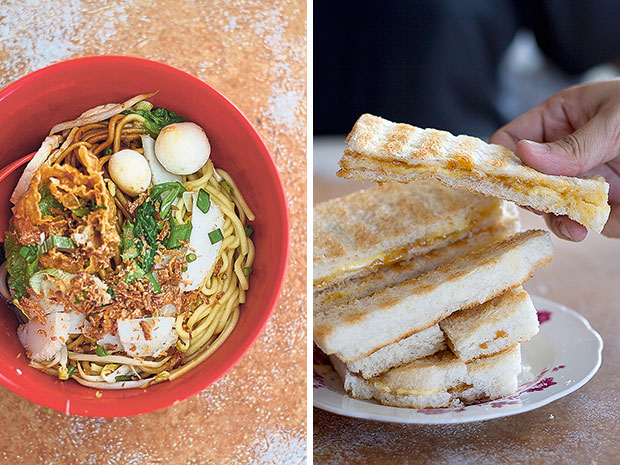 Juat Lye’s yee kiao mee with bouncy fish balls, sliced fish cake, slivers of foo chuk (bean curd skin rolls), and diced spring onion (left). Authentic Hainanese toast: real butter is used at Juat Lye, paired with kaya that is redolent of pandan and fresh eggs (right).
