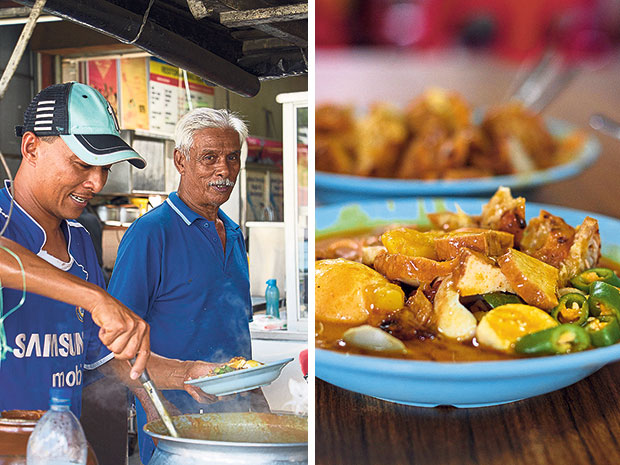 Abdul Rahim Jenu watches as his son Mohd Nishar ladles more of their umami-rich gravy onto a plate (left). Abdul Rahim Jenu’s mee rebus is popular with Malaccans of all ages (right).
