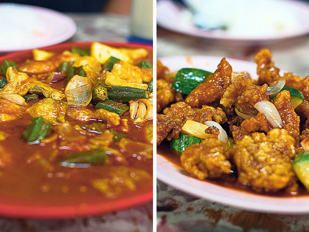 Ah Boy Asam Fish uses fresh ikan bawal (pomfret) in their asam pedas, cooked with okra, long beans and pineapple chunks in a spicy-sour gravy (left). The sweet-and-sour pork at Ah Boy Asam Fish is uniformly tender without any of the hard gristle (right).