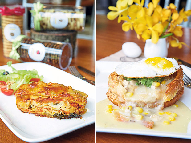 The signature lasagna with bolognese, eggplant and spinach layers is a Huen family favourite (left). The comforting chicken pie is based on Huen Su Yin’s mother’s recipe with chicken, pea mash and cubed potatoes that fill a puff pastry shell drizzled with a sauce and topped with a fried egg (right).
