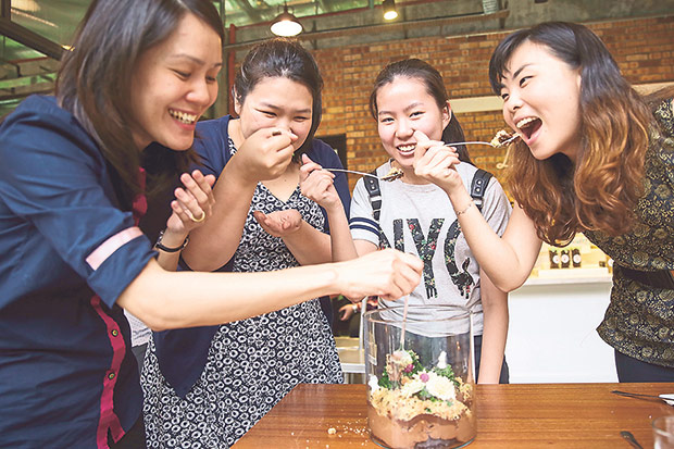 Gather your girlfriends together and have fun digging into the Delectable Edible Terrarium that has layers of cake, chocolate mousse, ganache and hazelnut crocquant with buttercream cactuses, adorable fondant bunnies and organic amaranth flowers.