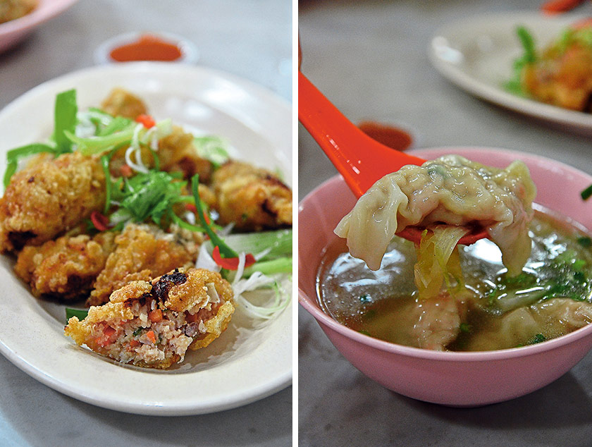 The traditional spring rolls made with pork caul fat and stuffed with minced pork and liver fillings are delicious when paired with their own-concoction of chilli sauce (left). Something hearty and simpler is the ‘sui kow’ dumplings wrapped in a thin dumpling skin; loaded with crunchy wood ear fungus, water chestnut and carrots as well as seasoned minced pork (right)