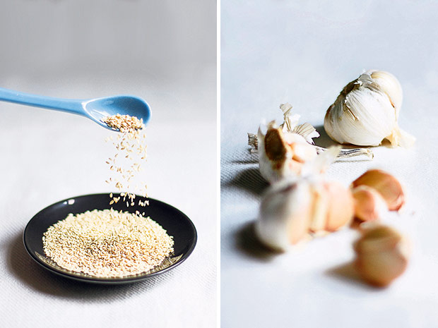 Toasted white sesame seeds offer a more subtle aroma than tahini (sesame seed paste) which is more intense (left). A clove of garlic a day may keep the doctor away (it also tastes good!) (right).